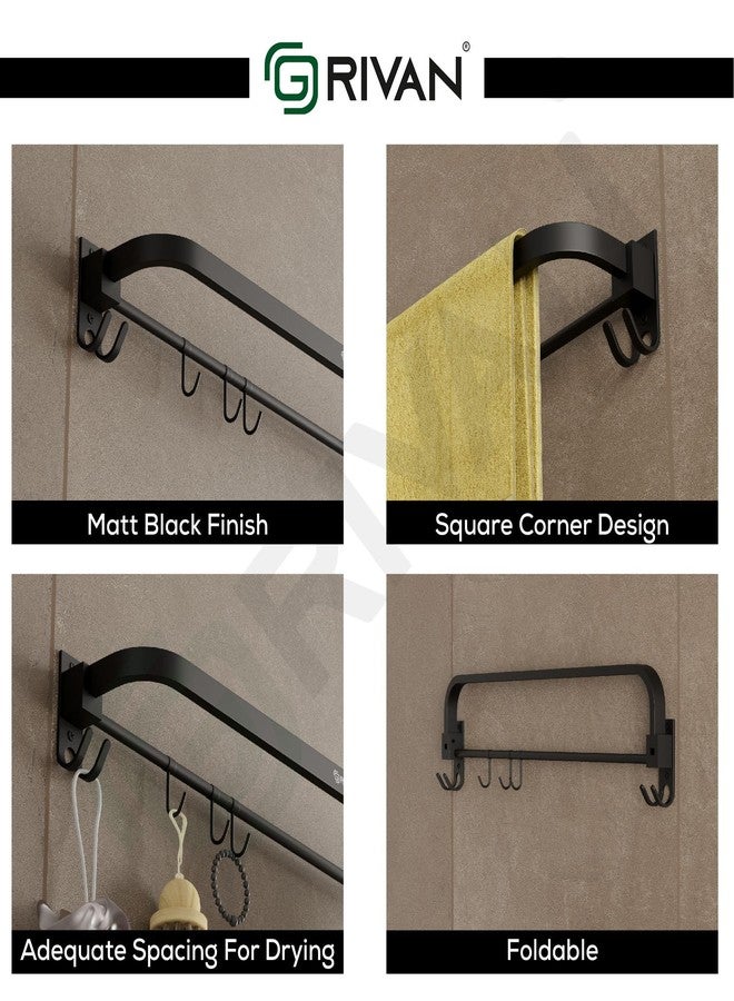GRIVAN Stylish Stainless Steel 24 Inch Foldable Towel Rod/Shelf/Stand for Bathroom, Towel Holder with Hooks and Hanger (Black Matte Finish) - Image 4